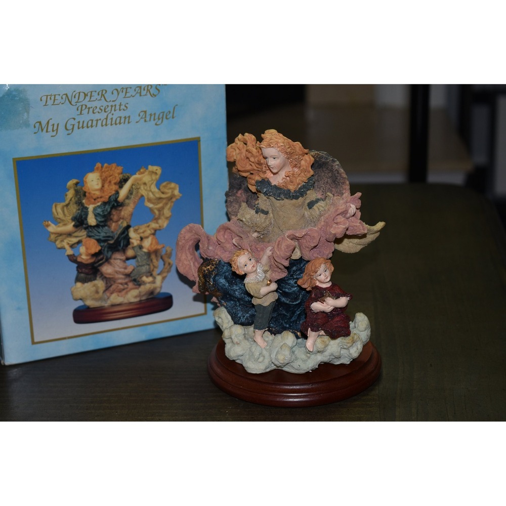 Tender Years My Guardian Angel Figurine Multicolor Excellent Resin Wood Base